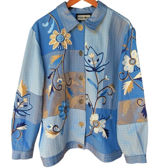 Indigo Moon Blue Embroidered Jacket Fully Lined Button Front Made in India Large - Picture 4 of 6